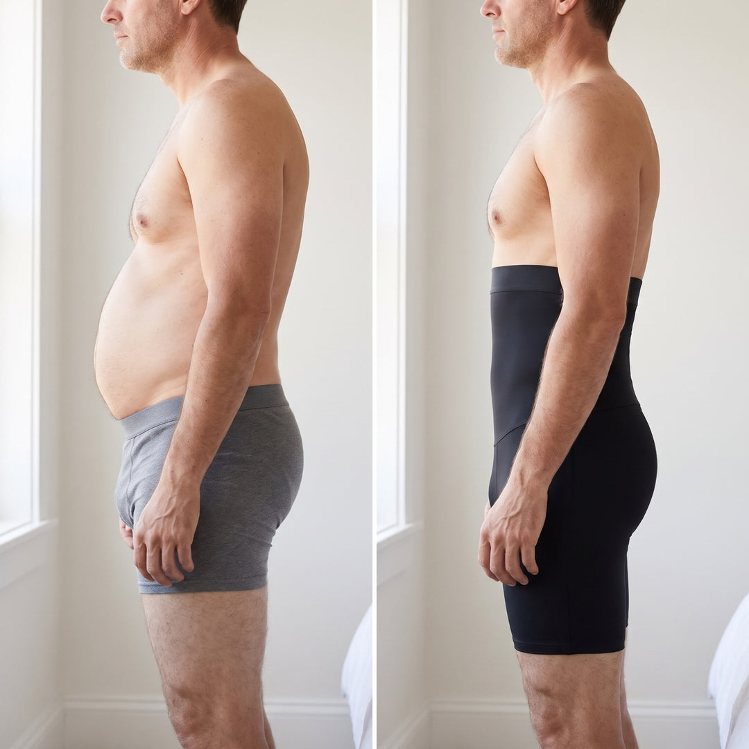 Side profile of a man without and with V-Short compression shorts
