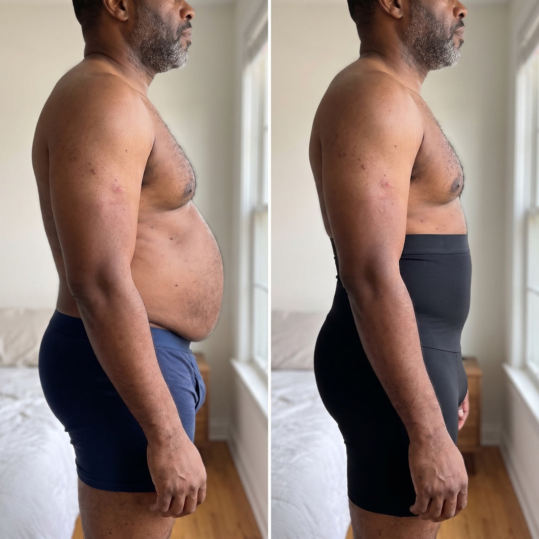 Side profile of a man without and with V-Short compression shorts