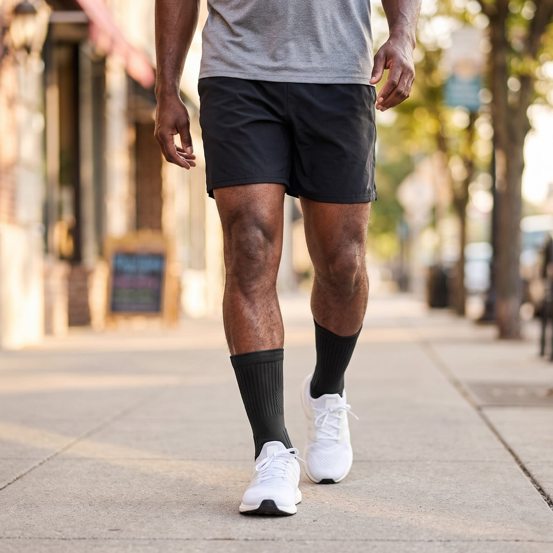 Man walking down a city street wearing black V-Socks compression socks with white sneakers