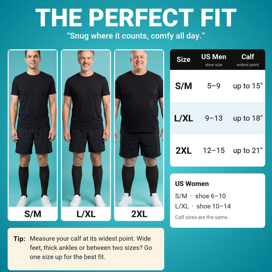 The perfect fit: V-Socks High size chart with US shoe sizes and calf measurements